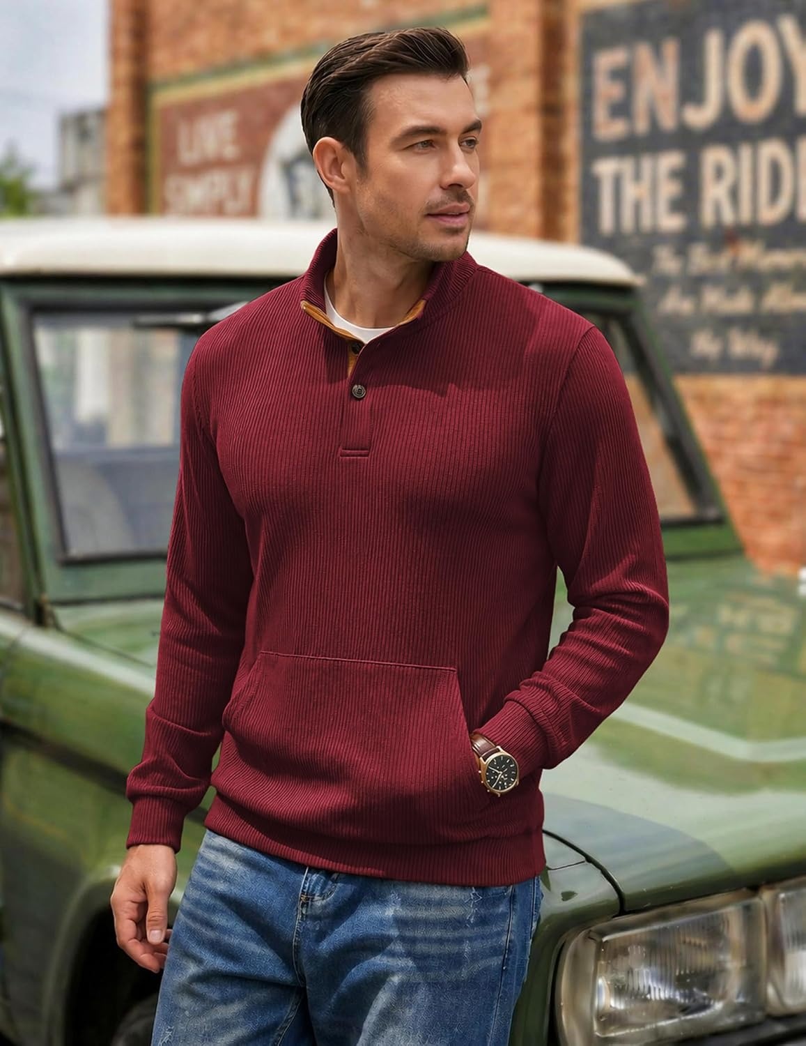 image:imageCOOFANDY Mens Corduroy Sweatshirt 14 Button Long Sleeve PulloverDeep Red