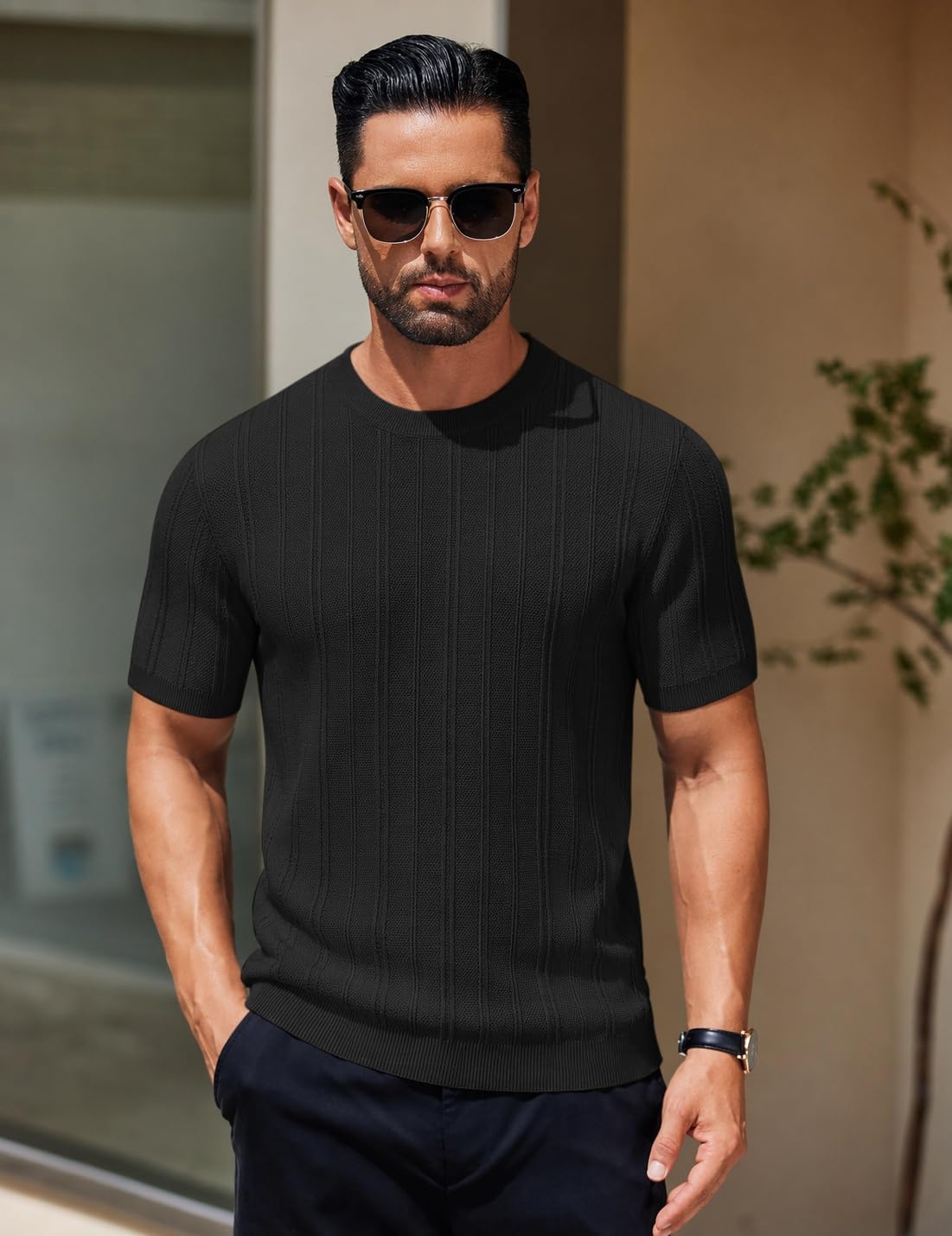 image:imageCOOFANDY Mens Knit TShirts Short Sleeve Crewneck Shirt Casual Textured Pullover TeesBlackribbed