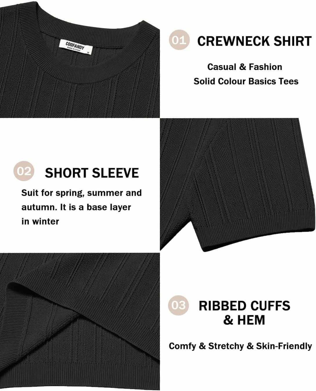 image:imageCOOFANDY Mens Knit TShirts Short Sleeve Crewneck Shirt Casual Textured Pullover TeesBlackribbed
