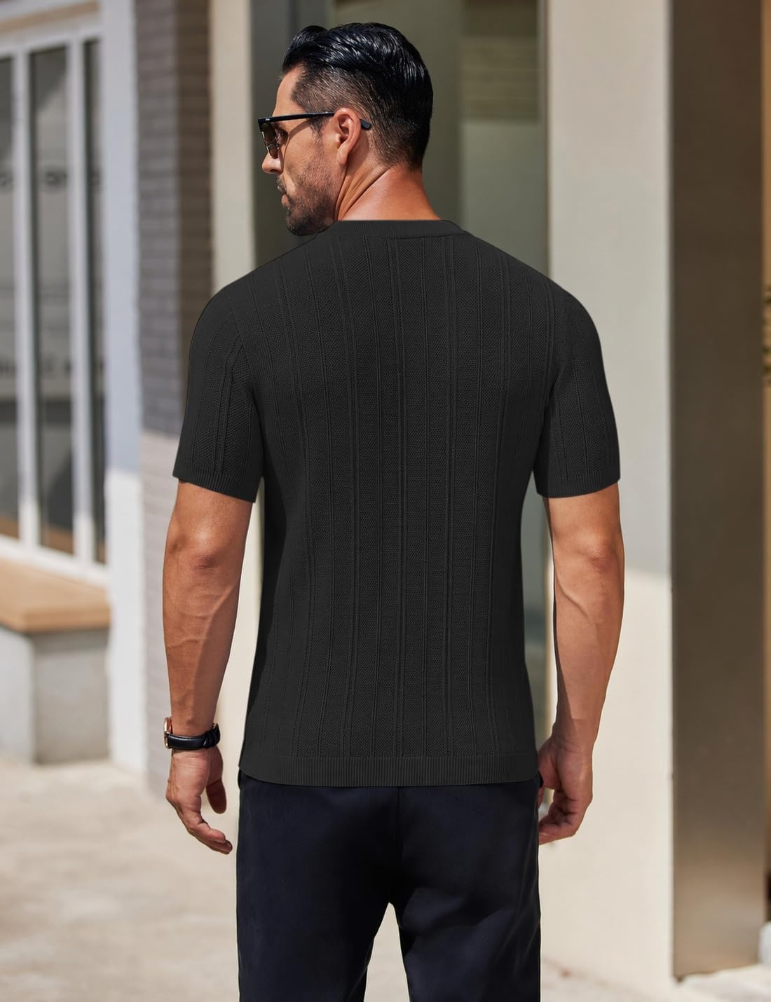 image:imageCOOFANDY Mens Knit TShirts Short Sleeve Crewneck Shirt Casual Textured Pullover TeesBlackribbed
