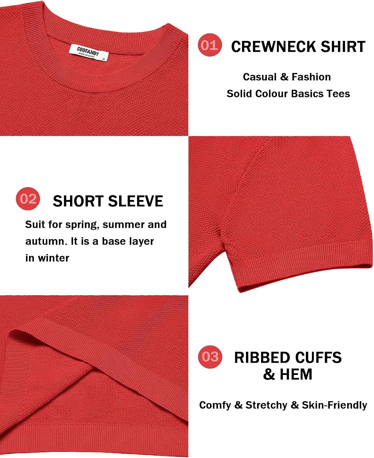 image:imageCOOFANDY Mens Knit TShirts Short Sleeve Crewneck Shirt Casual Textured Pullover TeesRed