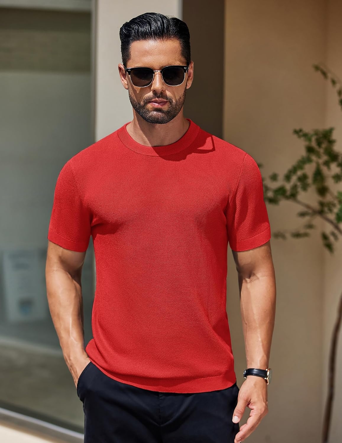 image:imageCOOFANDY Mens Knit TShirts Short Sleeve Crewneck Shirt Casual Textured Pullover TeesRed