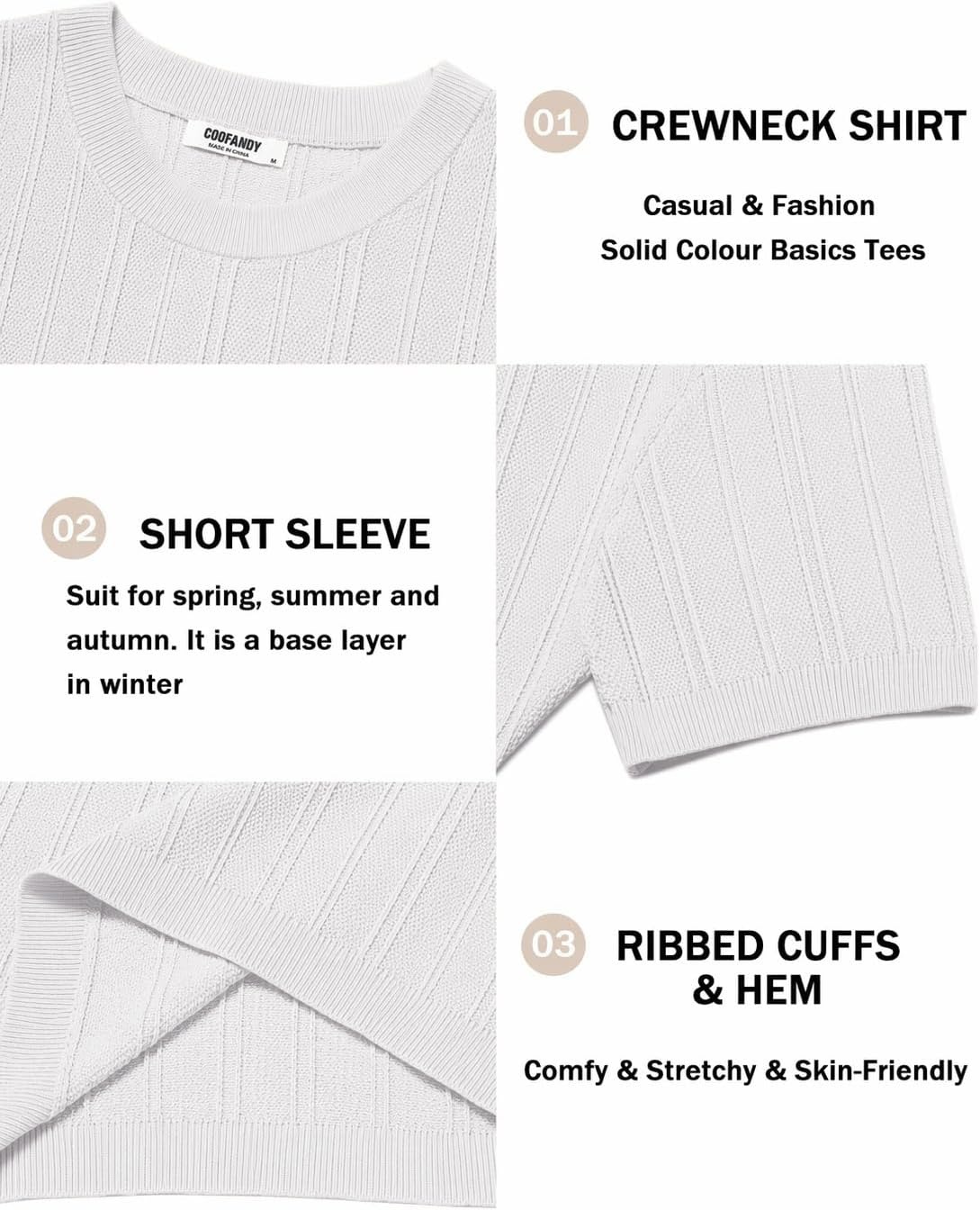 image:imageCOOFANDY Mens Knit TShirts Short Sleeve Crewneck Shirt Casual Textured Pullover TeesWhiteribbed