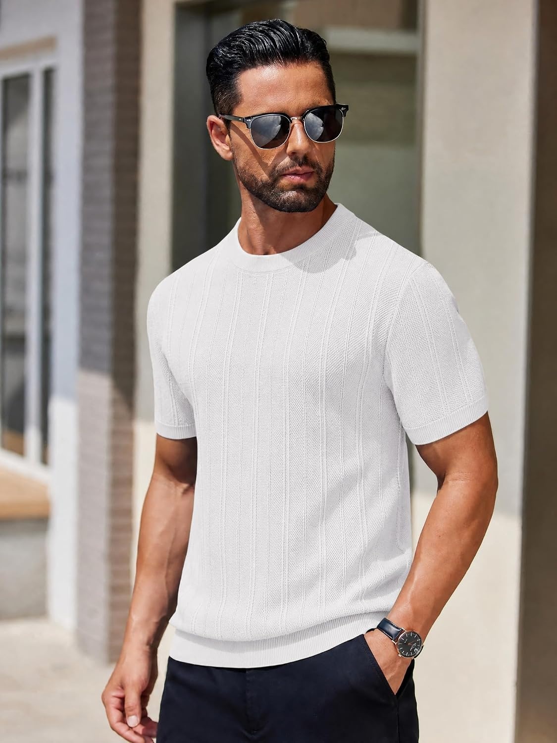image:imageCOOFANDY Mens Knit TShirts Short Sleeve Crewneck Shirt Casual Textured Pullover TeesWhiteribbed
