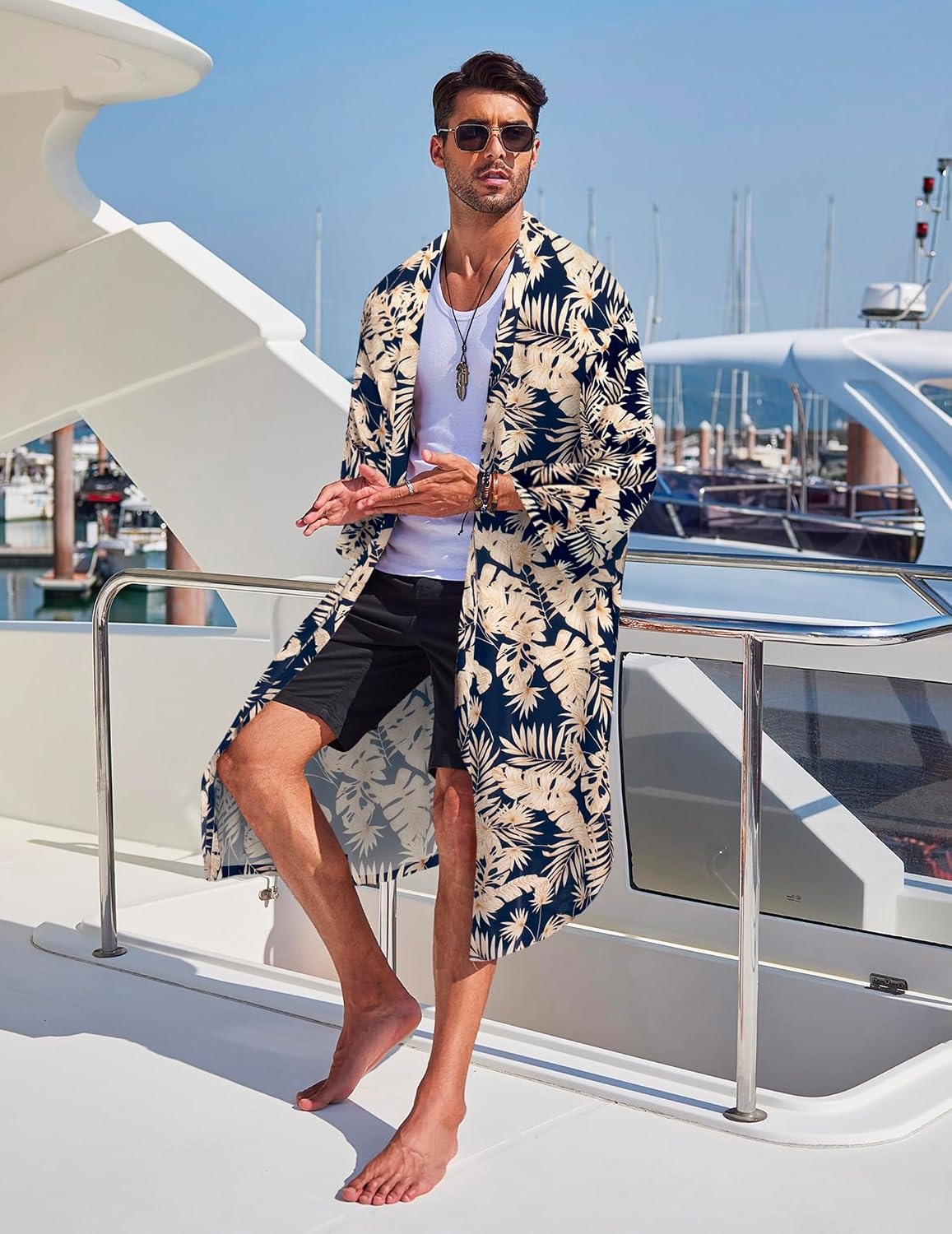 image:imageCOOFANDY Mens Lightweight Kimono Robe Japanese Bathrobes Long Cardigan Flowy and Breathable FabricOpen FrontPrinted Japanese StyleCasual Coat OutwearPerfect for LoungingBeachPoolBurning ManNavykhaki Leaves