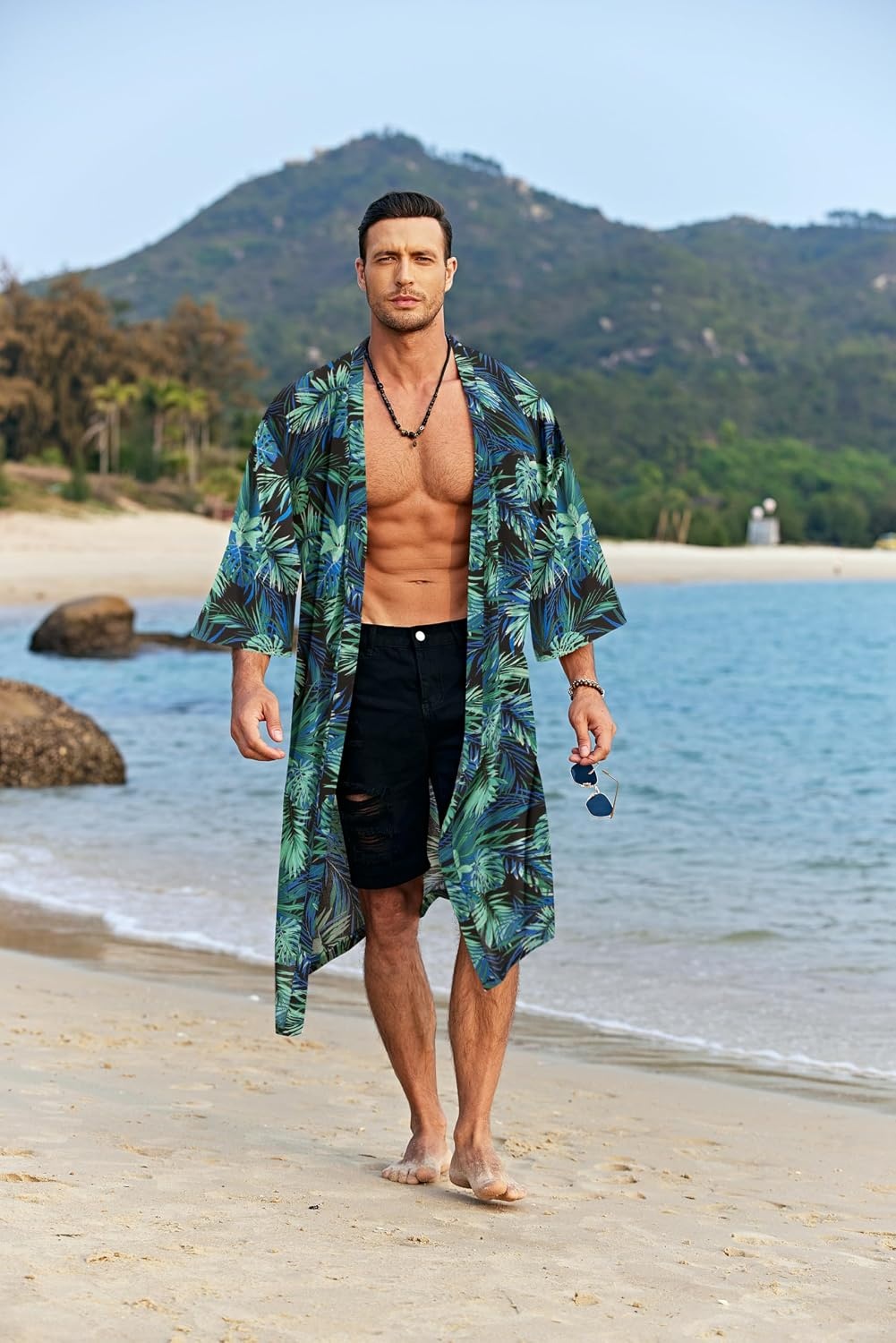 image:imageCOOFANDY Mens Lightweight Kimono Robe Japanese Bathrobes Long Cardigan Flowy and Breathable FabricOpen FrontPrinted Japanese StyleCasual Coat OutwearPerfect for LoungingBeachPoolBurning ManGreen