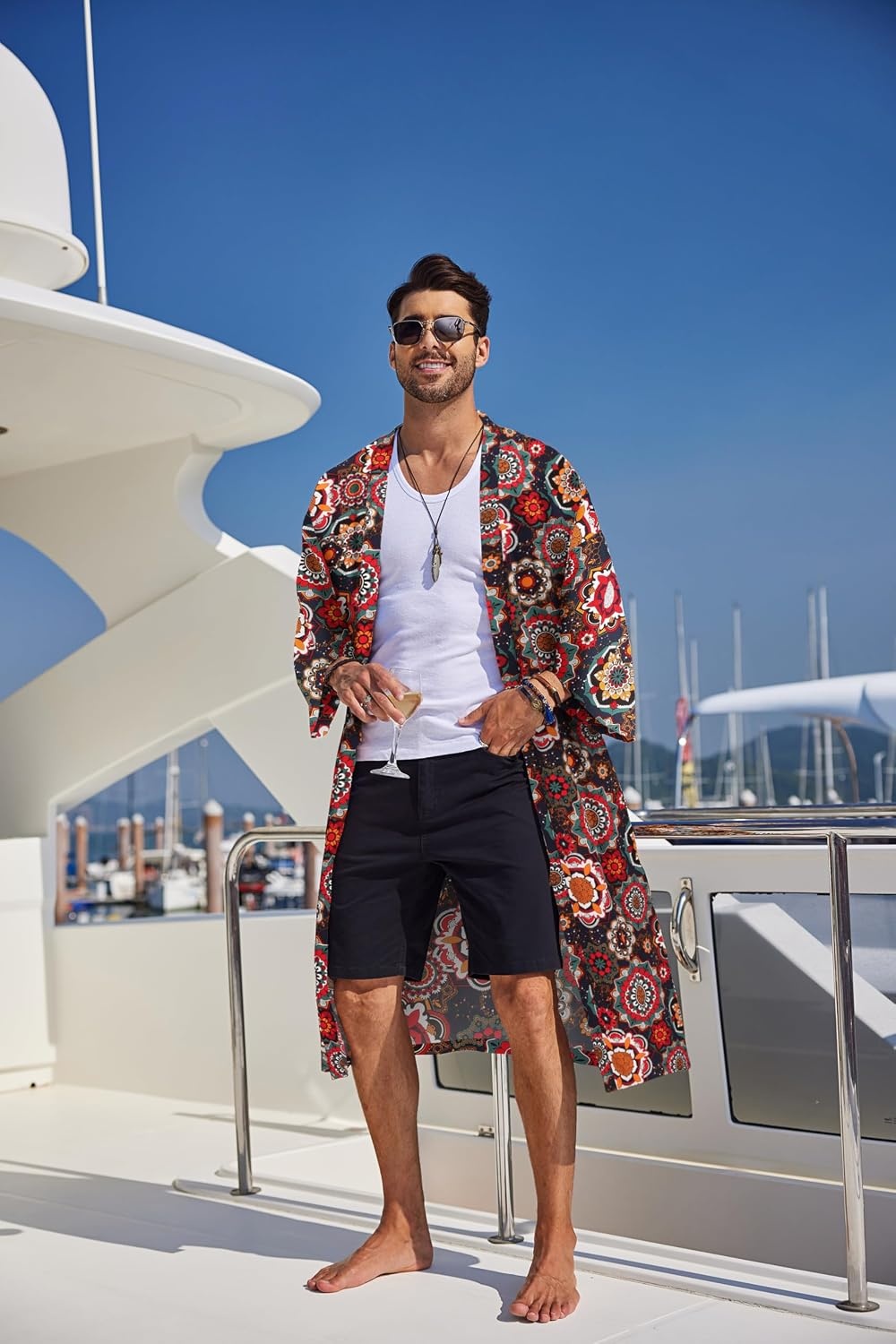 image:imageCOOFANDY Mens Lightweight Kimono Robe Japanese Bathrobes Long Cardigan Flowy and Breathable FabricOpen FrontPrinted Japanese StyleCasual Coat OutwearPerfect for LoungingBeachPoolBurning ManBlue Red Ethnic Style