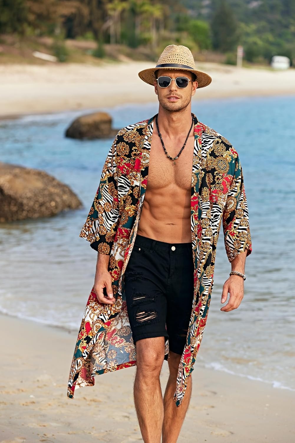 image:imageCOOFANDY Mens Lightweight Kimono Robe Japanese Bathrobes Long Cardigan Flowy and Breathable FabricOpen FrontPrinted Japanese StyleCasual Coat OutwearPerfect for LoungingBeachPoolBurning ManRedluxury Print