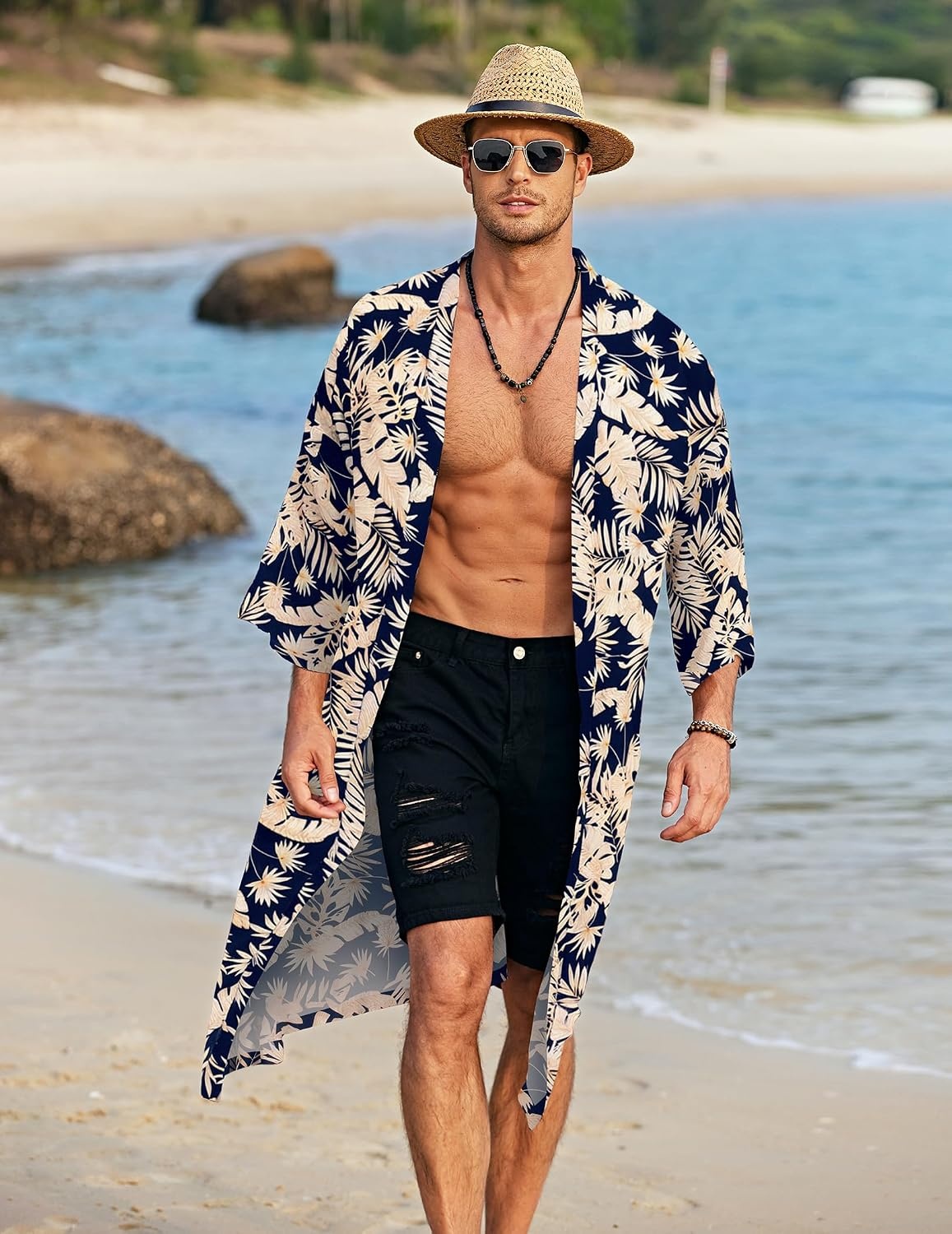 image:imageCOOFANDY Mens Lightweight Kimono Robe Japanese Bathrobes Long Cardigan Flowy and Breathable FabricOpen FrontPrinted Japanese StyleCasual Coat OutwearPerfect for LoungingBeachPoolBurning ManNavykhaki Leaves