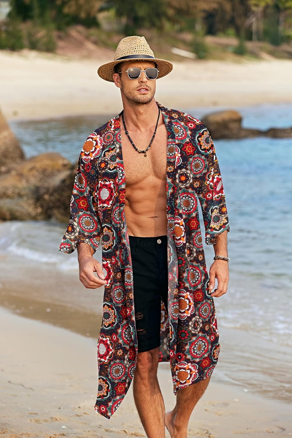 image:imageCOOFANDY Mens Lightweight Kimono Robe Japanese Bathrobes Long Cardigan Flowy and Breathable FabricOpen FrontPrinted Japanese StyleCasual Coat OutwearPerfect for LoungingBeachPoolBurning ManBlue Red Ethnic Style