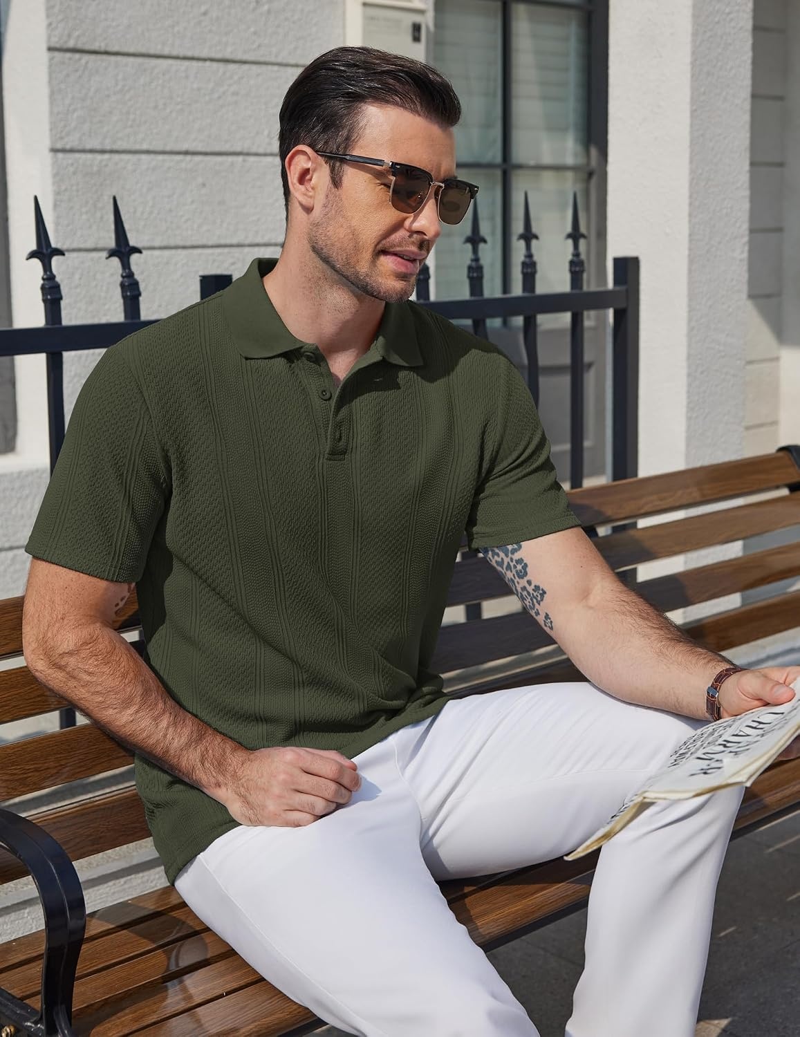 image:imageCOOFANDY Mens Polo Shirts Short Sleeve Casual Knit Textured Summer Shirt CasualKnit TexturedBreathableVintageClassicButton CollarLightweightSummerDark Army Green