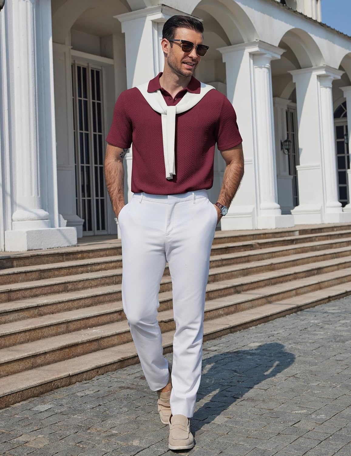 image:imageCOOFANDY Mens Polo Shirts Short Sleeve Casual Knit Textured Summer Shirt CasualKnit TexturedBreathableVintageClassicButton CollarLightweightSummerWine Red