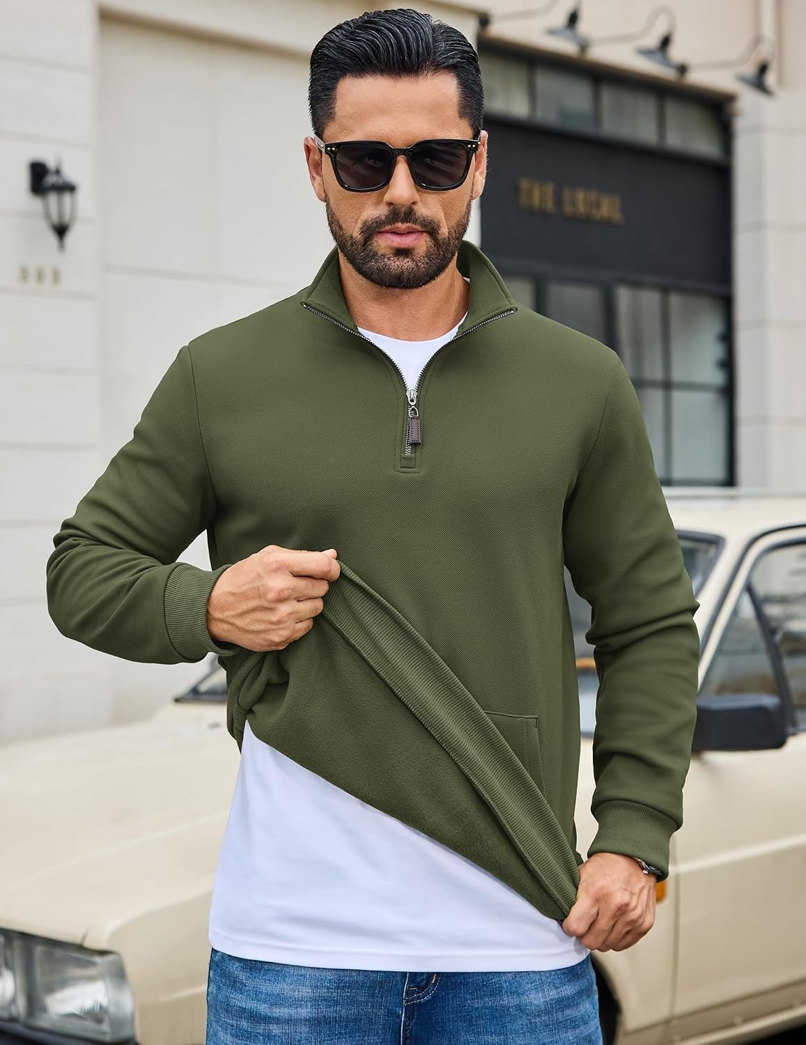 image:imageCOOFANDY Mens Quarter Zip Pullover Sweatshirt FleeceLined Casual SweaterArmy Green