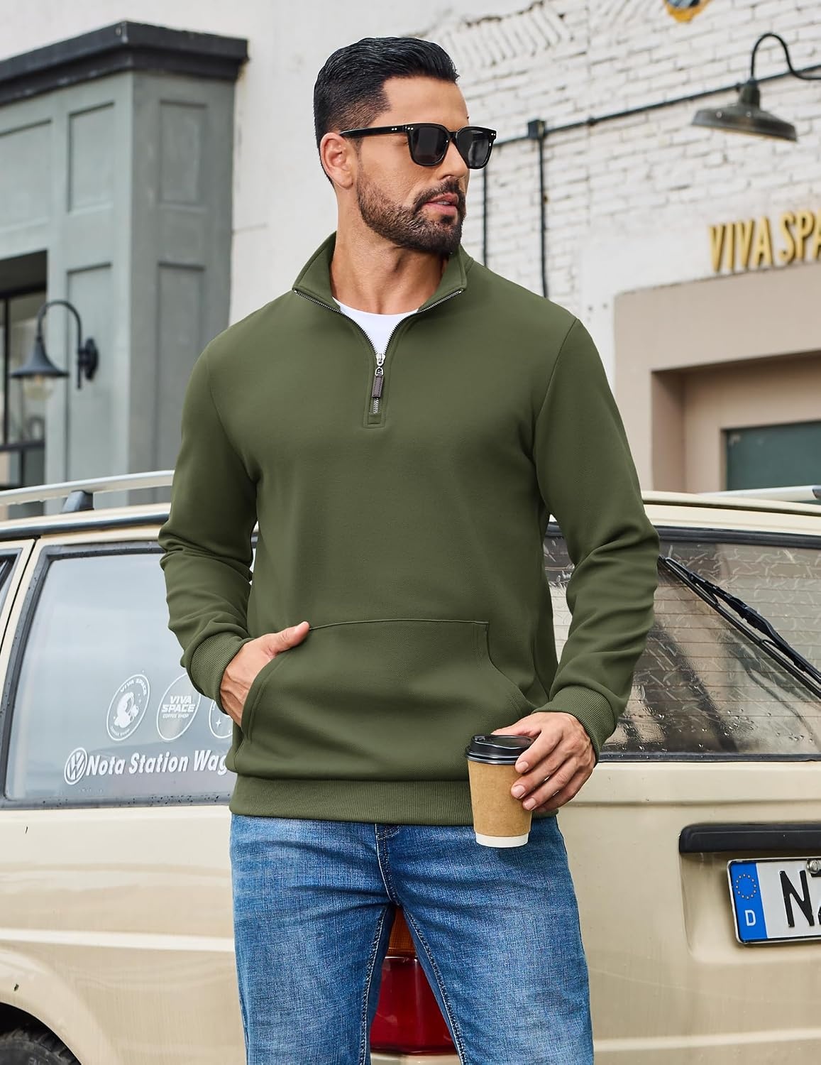 image:imageCOOFANDY Mens Quarter Zip Pullover Sweatshirt FleeceLined Casual SweaterArmy Green