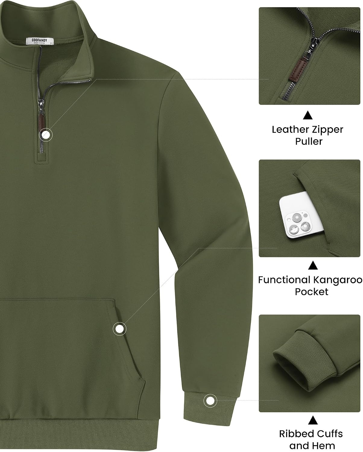 image:imageCOOFANDY Mens Quarter Zip Pullover Sweatshirt FleeceLined Casual SweaterArmy Green