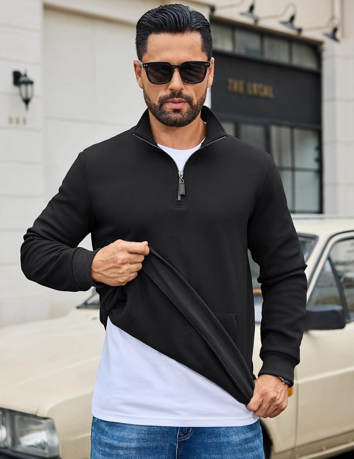 image:imageCOOFANDY Mens Quarter Zip Pullover Sweatshirt FleeceLined Casual SweaterBlack