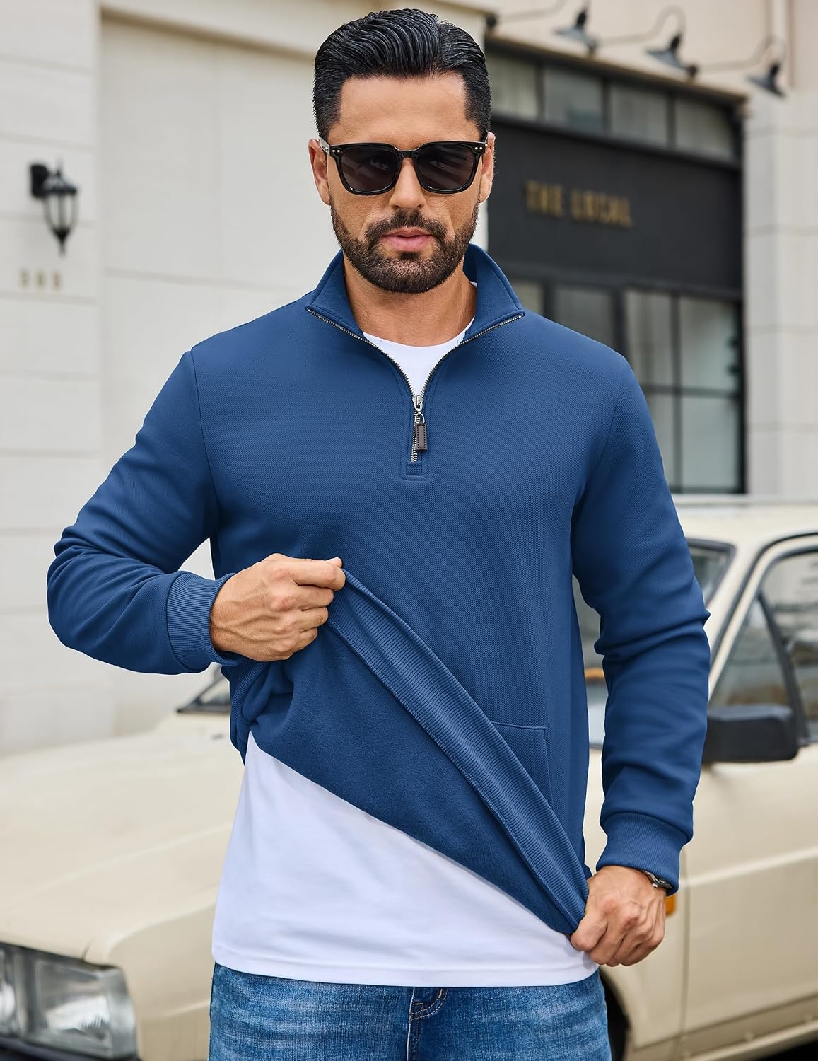 image:imageCOOFANDY Mens Quarter Zip Pullover Sweatshirt FleeceLined Casual SweaterBlue