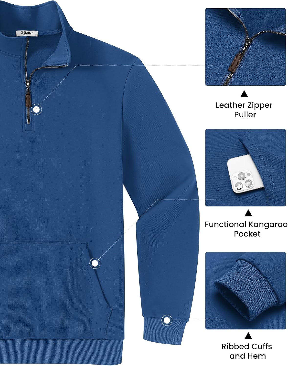 image:imageCOOFANDY Mens Quarter Zip Pullover Sweatshirt FleeceLined Casual SweaterBlue