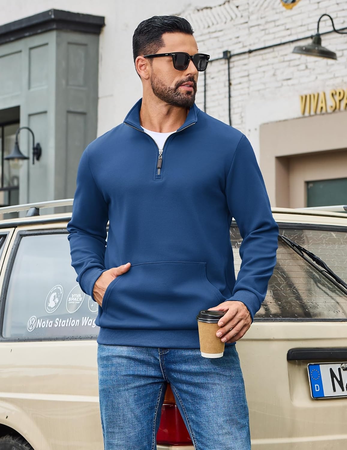 image:imageCOOFANDY Mens Quarter Zip Pullover Sweatshirt FleeceLined Casual SweaterBlue
