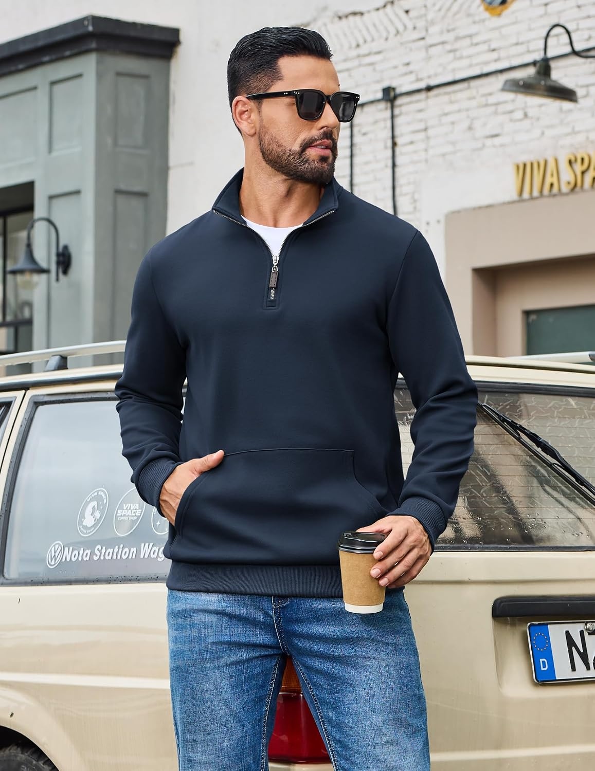 image:imageCOOFANDY Mens Quarter Zip Pullover Sweatshirt FleeceLined Casual SweaterNavy Blue