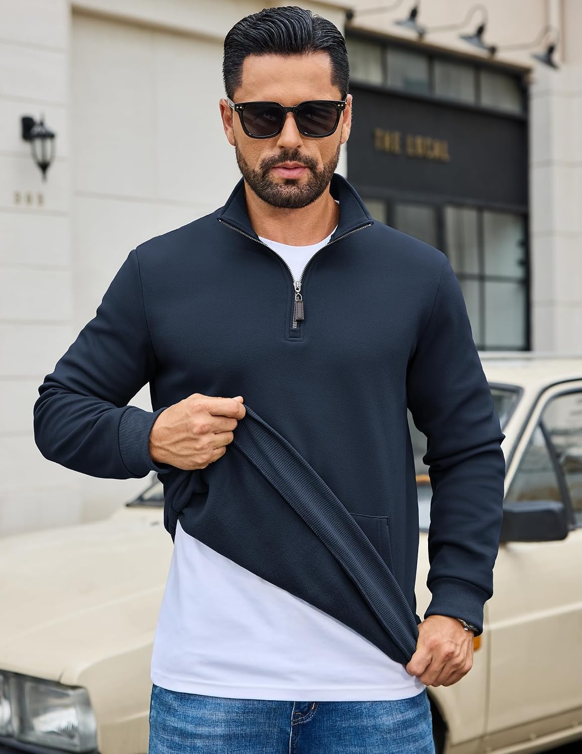 image:imageCOOFANDY Mens Quarter Zip Pullover Sweatshirt FleeceLined Casual SweaterNavy Blue