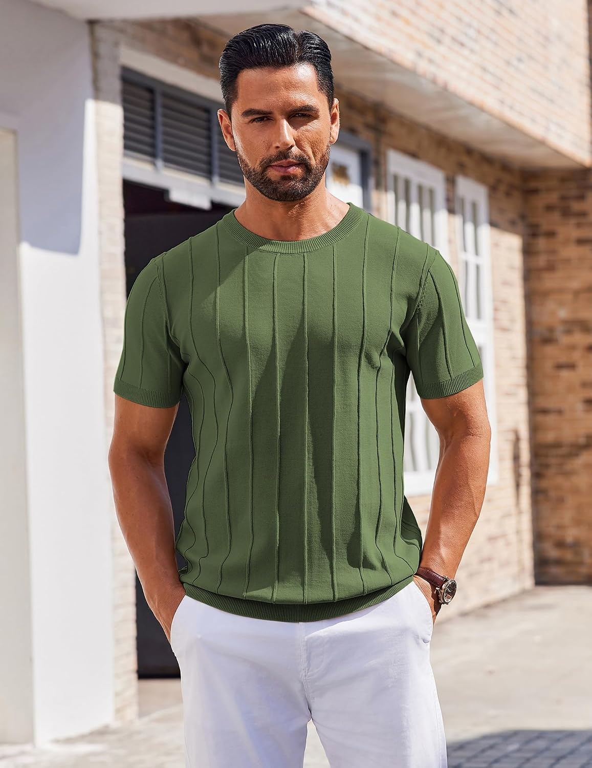 image:imageCOOFANDY Mens T Shirts Short Sleeve Knit Sweater Shirt Casual PulloverArmy Green