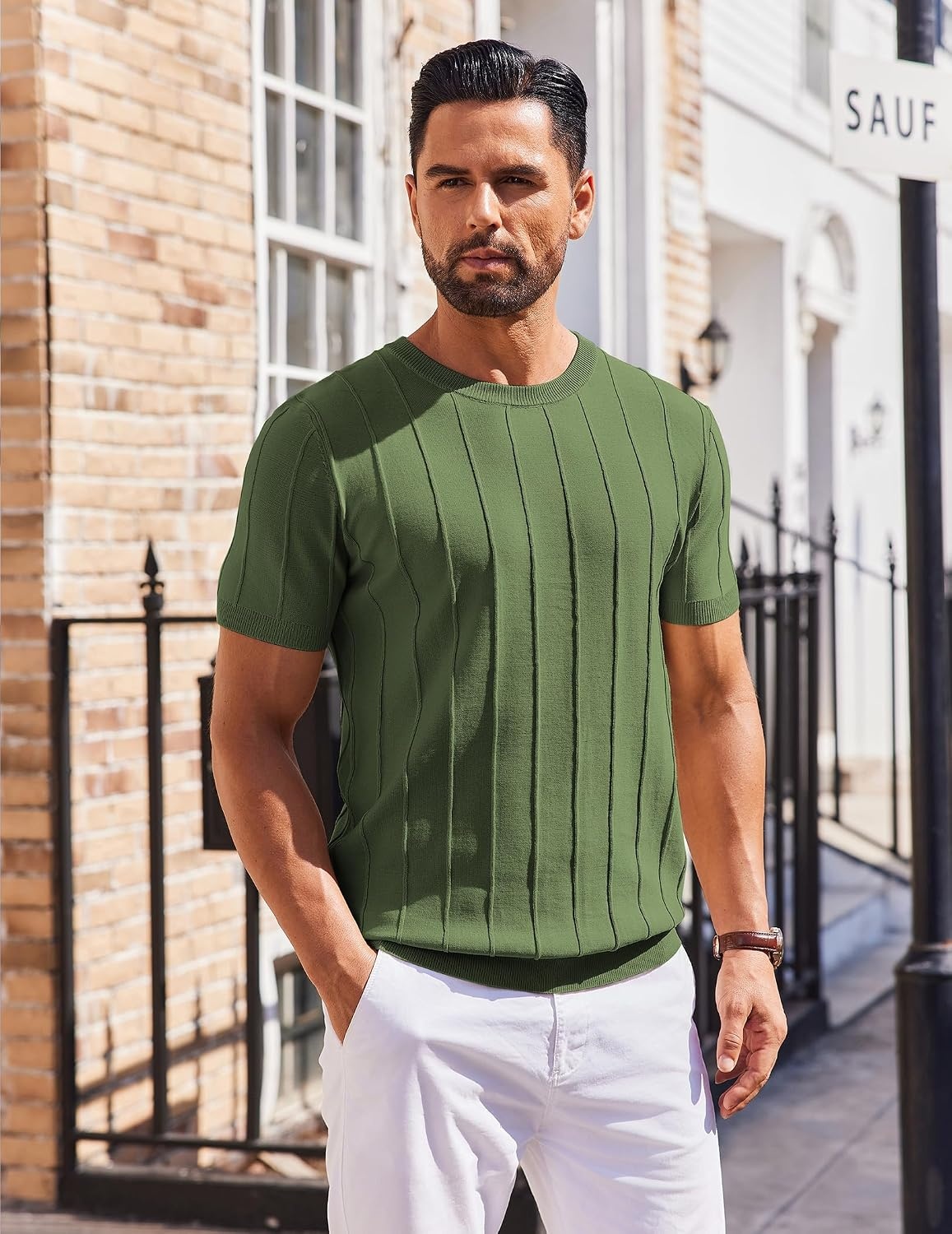 image:imageCOOFANDY Mens T Shirts Short Sleeve Knit Sweater Shirt Casual PulloverArmy Green