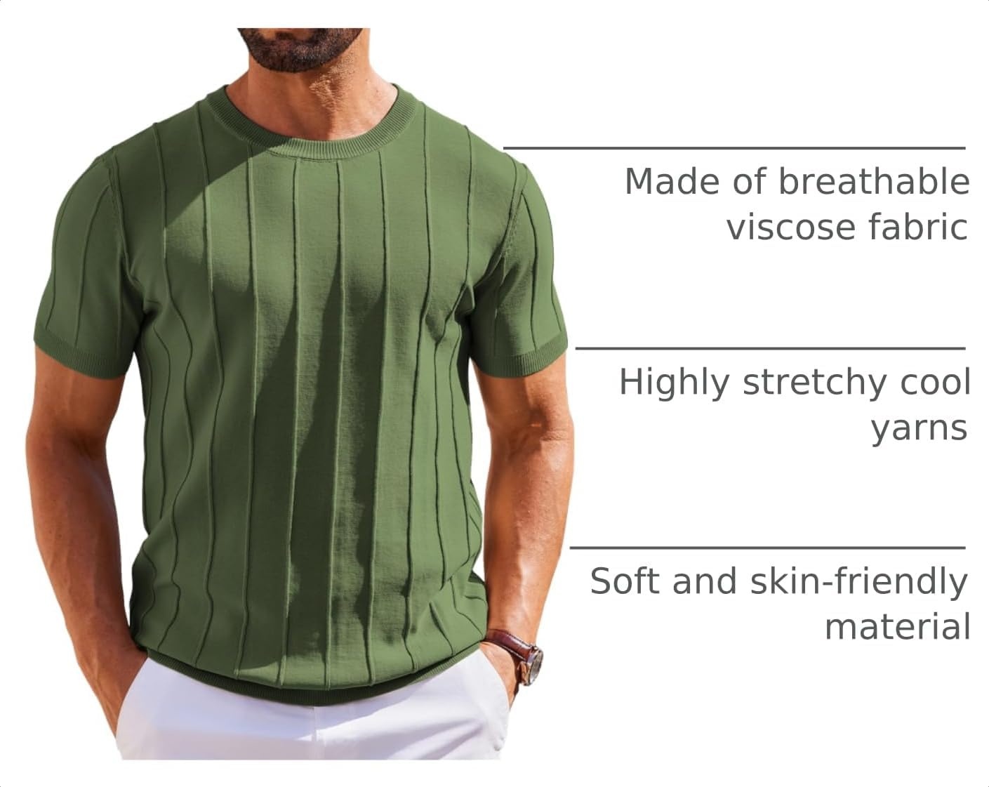 image:imageCOOFANDY Mens T Shirts Short Sleeve Knit Sweater Shirt Casual PulloverArmy Green
