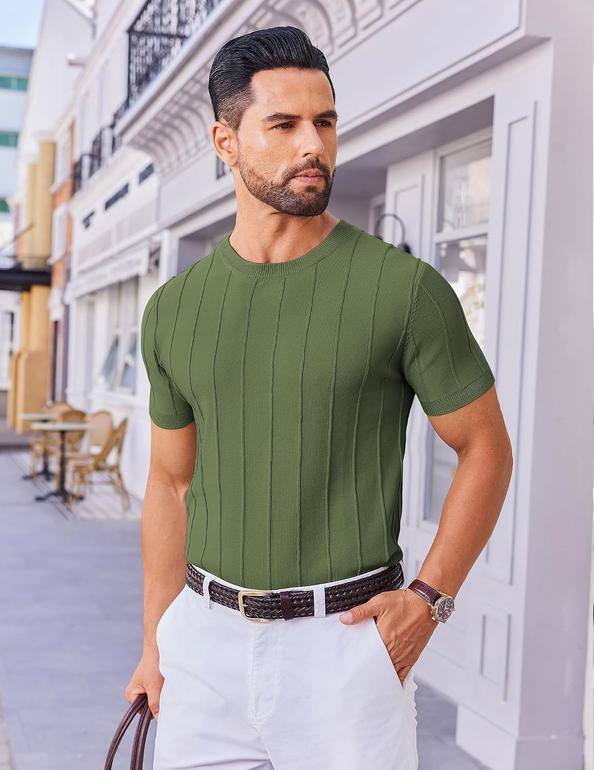 image:imageCOOFANDY Mens T Shirts Short Sleeve Knit Sweater Shirt Casual PulloverArmy Green
