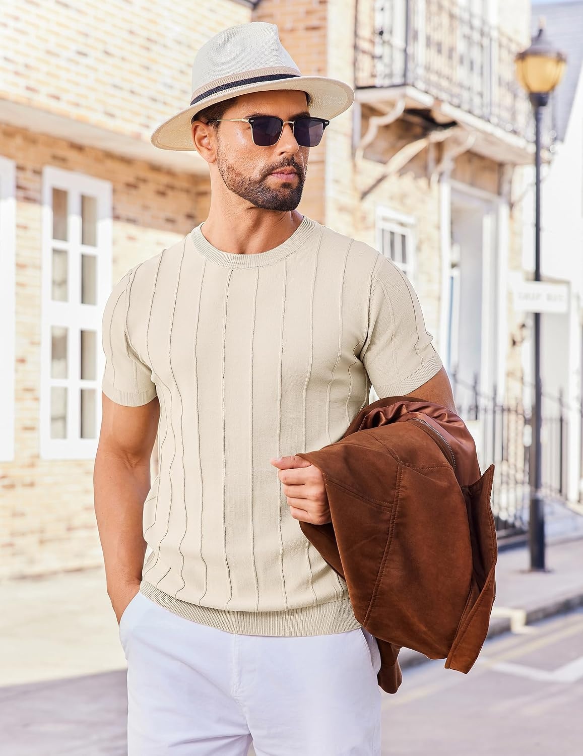 image:imageCOOFANDY Mens T Shirts Short Sleeve Knit Sweater Shirt Casual PulloverBeige