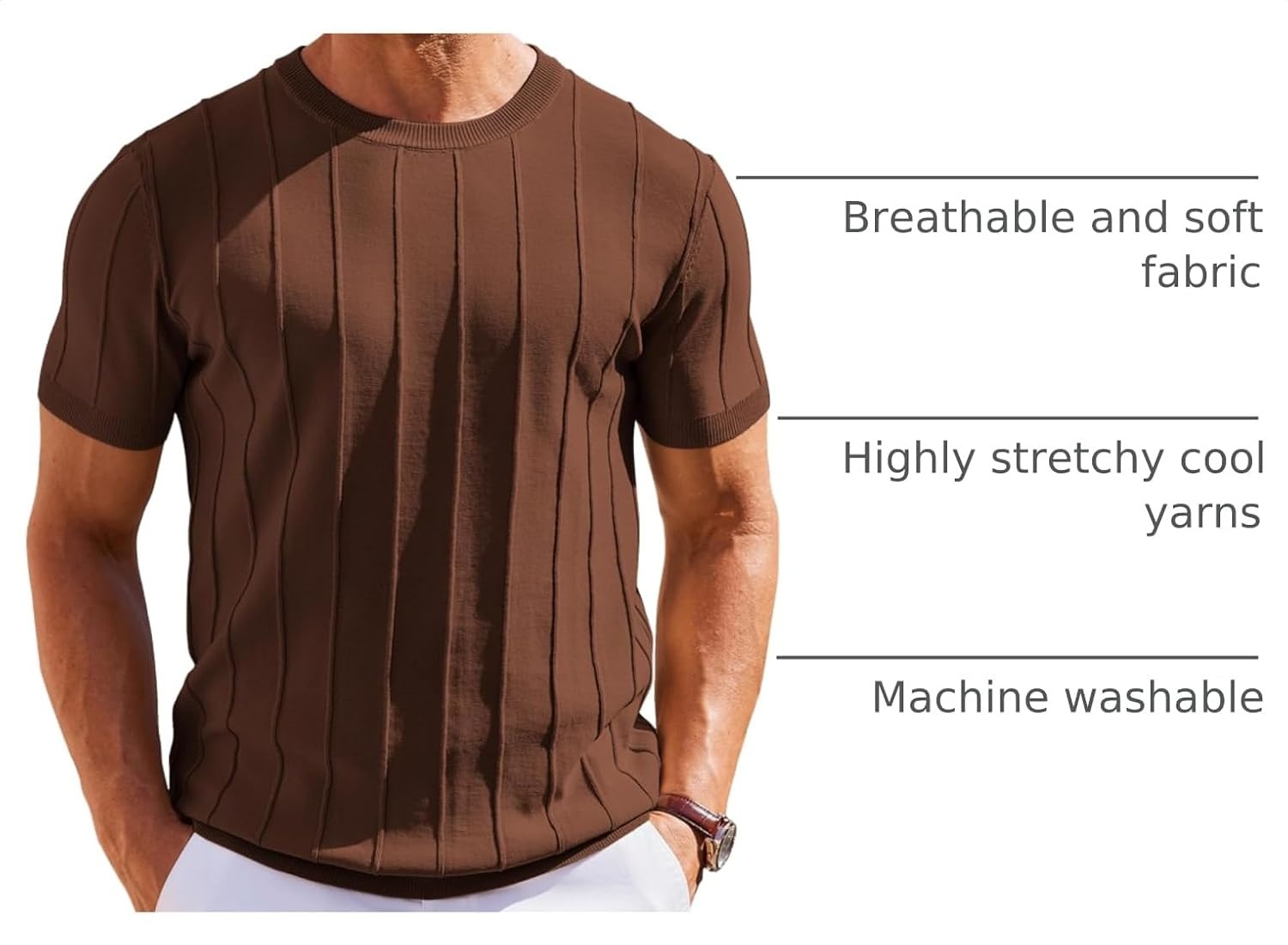 image:imageCOOFANDY Mens T Shirts Short Sleeve Knit Sweater Shirt Casual PulloverBrown