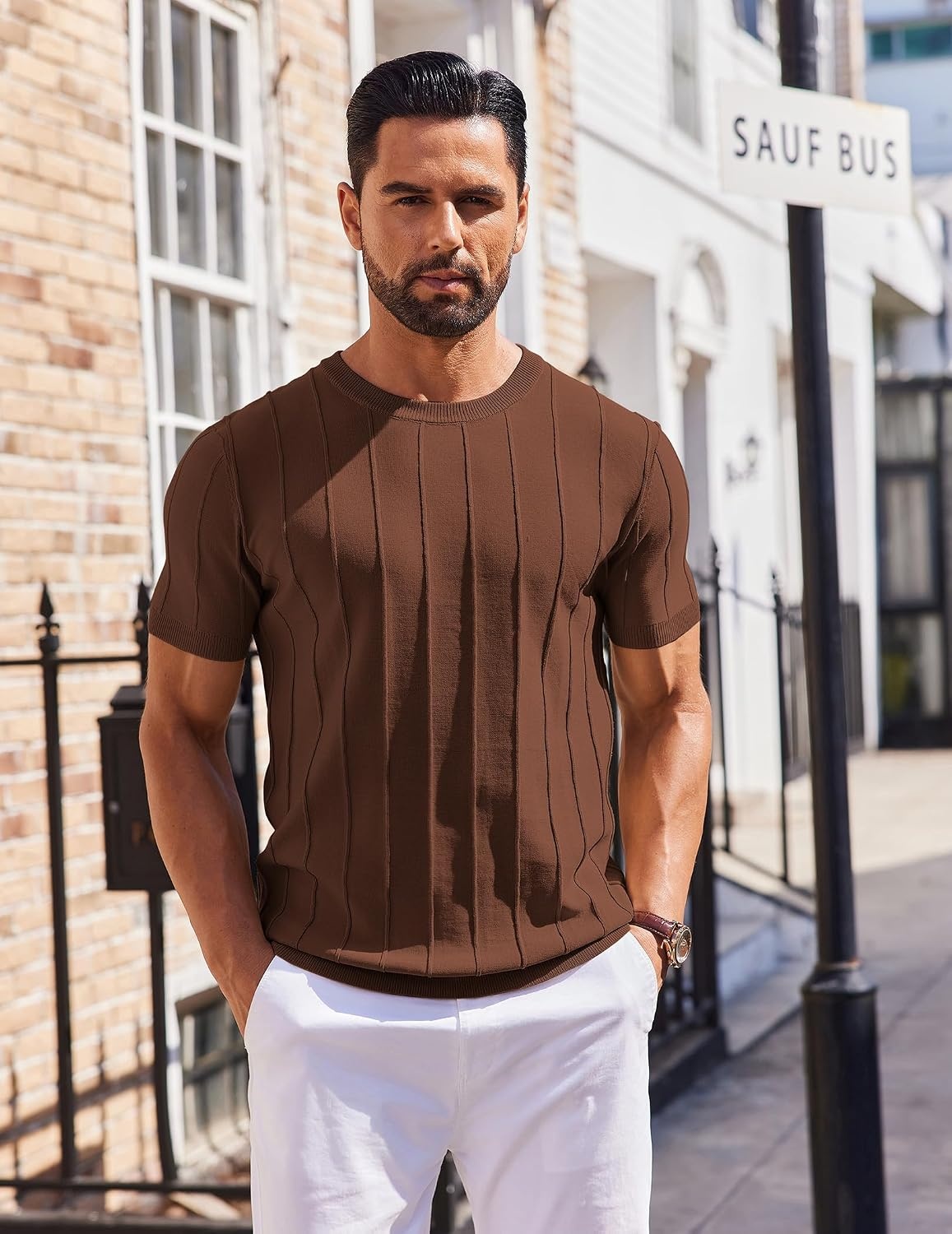 image:imageCOOFANDY Mens T Shirts Short Sleeve Knit Sweater Shirt Casual PulloverBrown
