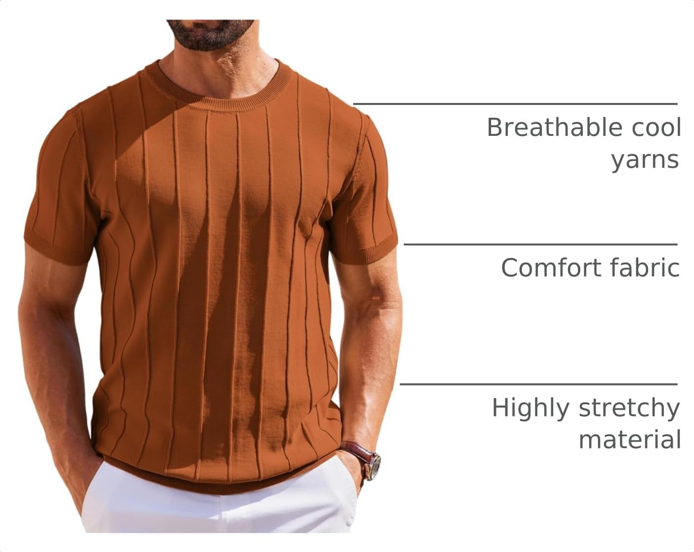 image:imageCOOFANDY Mens T Shirts Short Sleeve Knit Sweater Shirt Casual PulloverCaramel