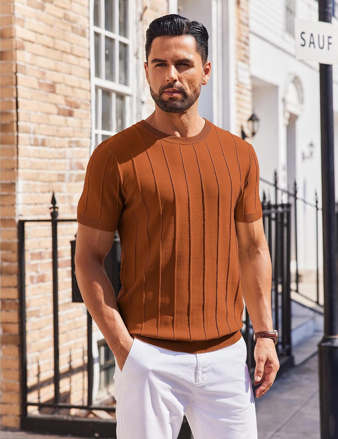 image:imageCOOFANDY Mens T Shirts Short Sleeve Knit Sweater Shirt Casual PulloverCaramel