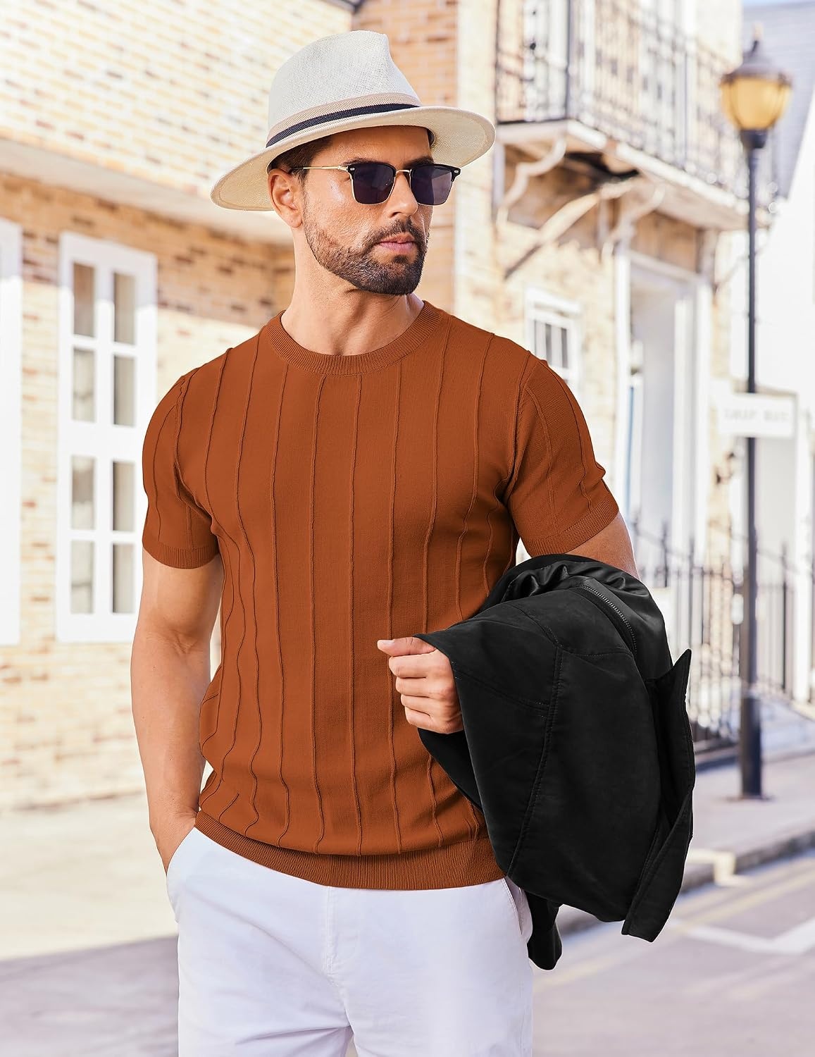 image:imageCOOFANDY Mens T Shirts Short Sleeve Knit Sweater Shirt Casual PulloverCaramel