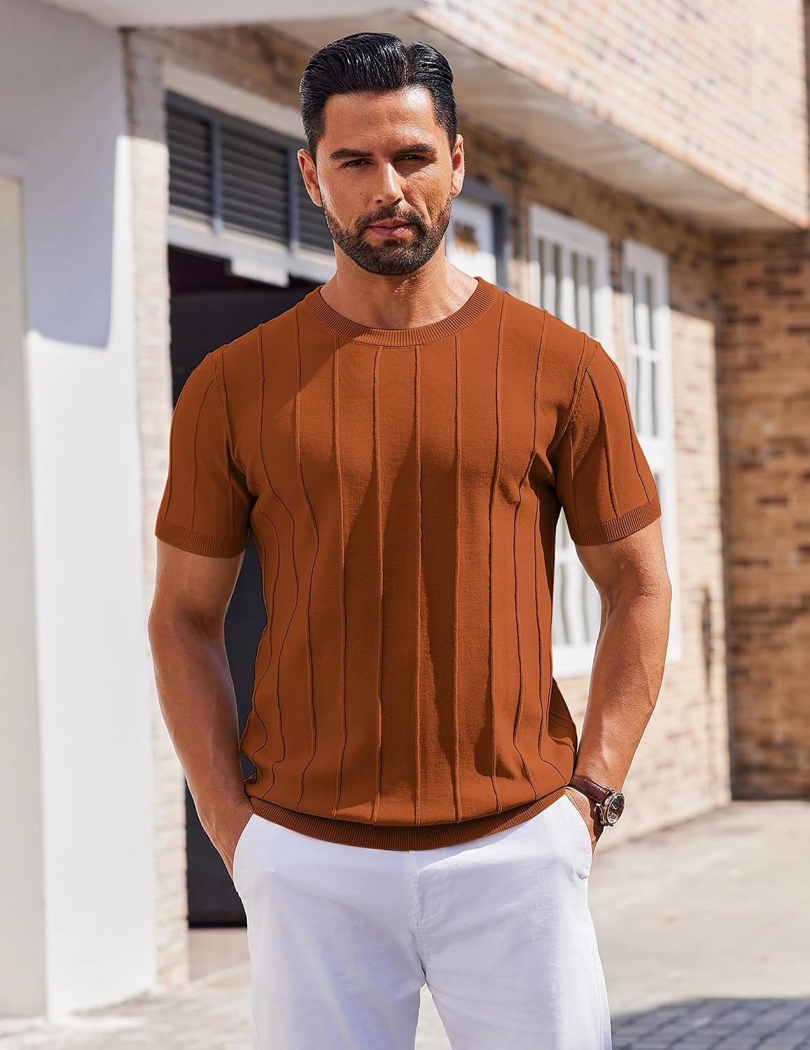 image:imageCOOFANDY Mens T Shirts Short Sleeve Knit Sweater Shirt Casual PulloverCaramel