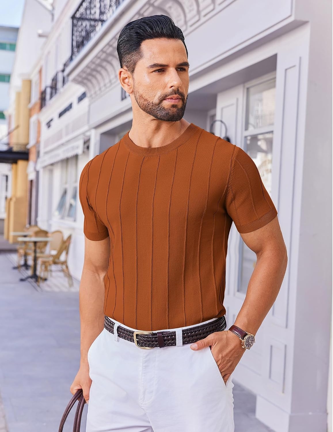 image:imageCOOFANDY Mens T Shirts Short Sleeve Knit Sweater Shirt Casual PulloverCaramel