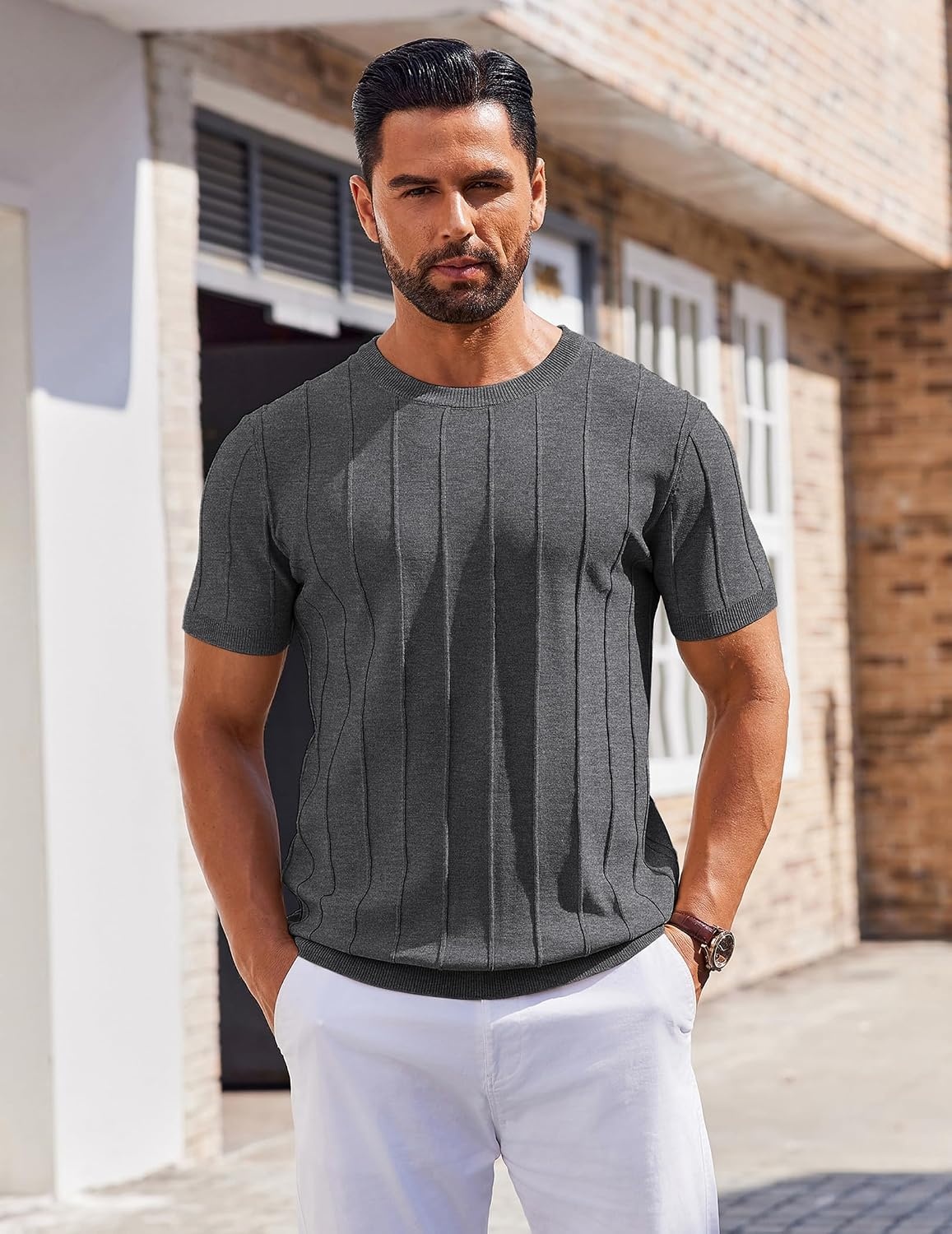 image:imageCOOFANDY Mens T Shirts Short Sleeve Knit Sweater Shirt Casual PulloverDark Grey