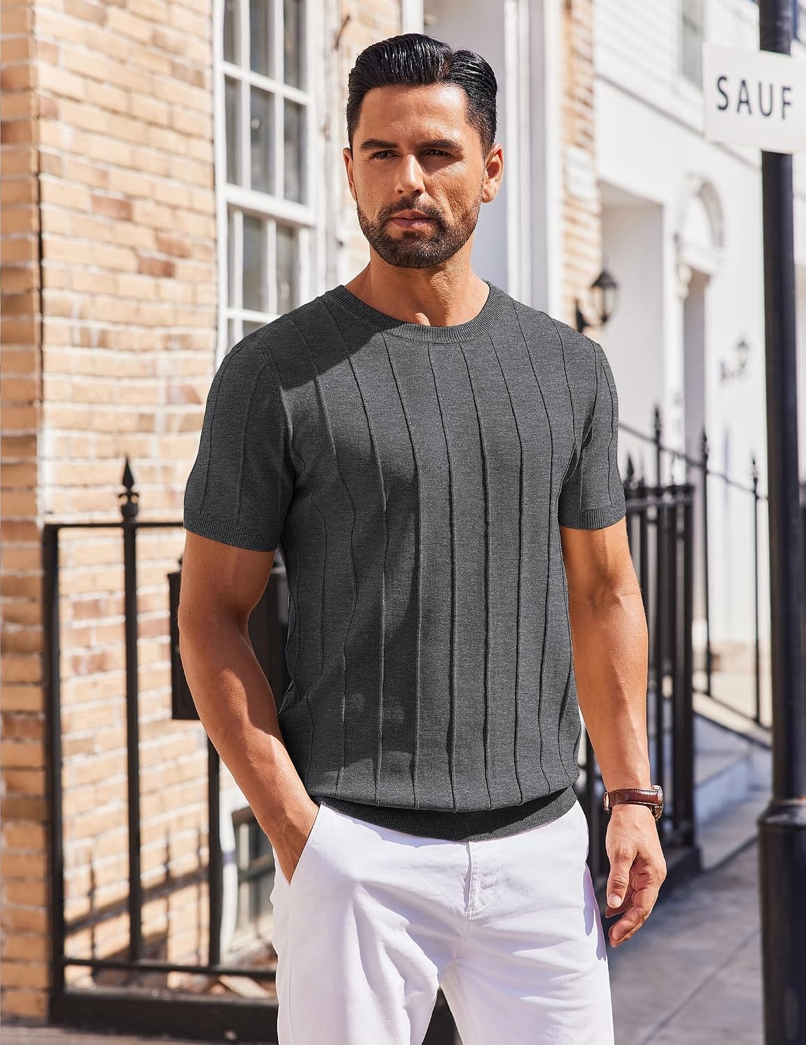 image:imageCOOFANDY Mens T Shirts Short Sleeve Knit Sweater Shirt Casual PulloverDark Grey