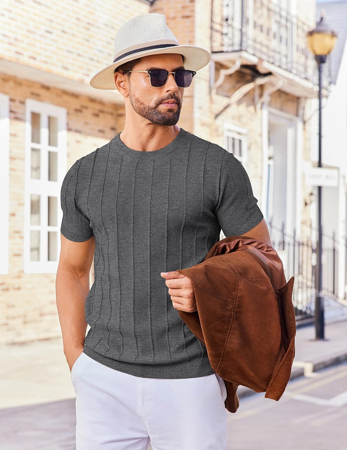 image:imageCOOFANDY Mens T Shirts Short Sleeve Knit Sweater Shirt Casual PulloverDark Grey