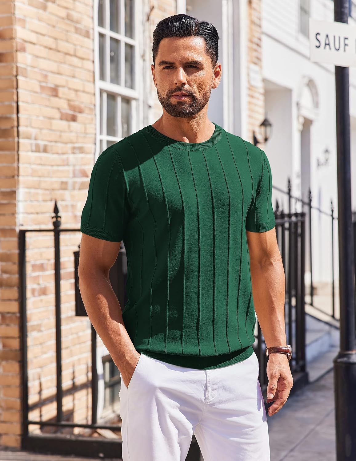 image:imageCOOFANDY Mens T Shirts Short Sleeve Knit Sweater Shirt Casual PulloverDeep Green