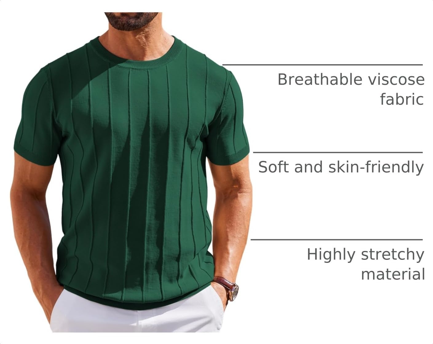 image:imageCOOFANDY Mens T Shirts Short Sleeve Knit Sweater Shirt Casual PulloverDeep Green