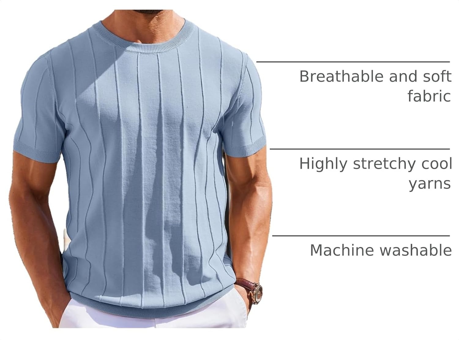 image:imageCOOFANDY Mens T Shirts Short Sleeve Knit Sweater Shirt Casual PulloverDenim Blue