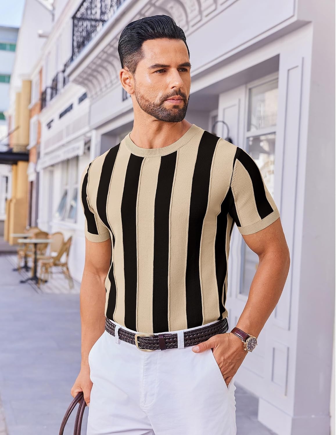 image:imageCOOFANDY Mens T Shirts Short Sleeve Knit Sweater Shirt Casual PulloverKhaki Black Stripes