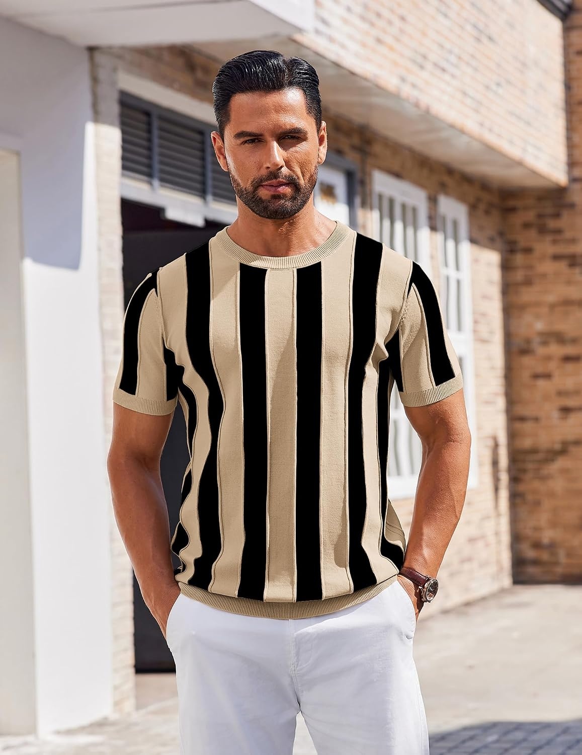 image:imageCOOFANDY Mens T Shirts Short Sleeve Knit Sweater Shirt Casual PulloverKhaki Black Stripes