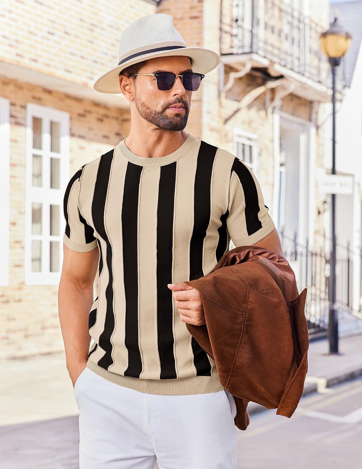 image:imageCOOFANDY Mens T Shirts Short Sleeve Knit Sweater Shirt Casual PulloverKhaki Black Stripes