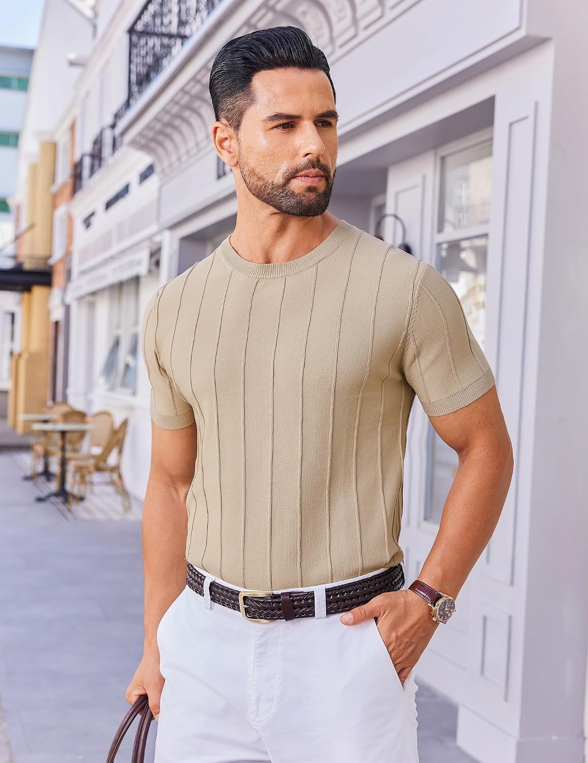 image:imageCOOFANDY Mens T Shirts Short Sleeve Knit Sweater Shirt Casual PulloverKhaki