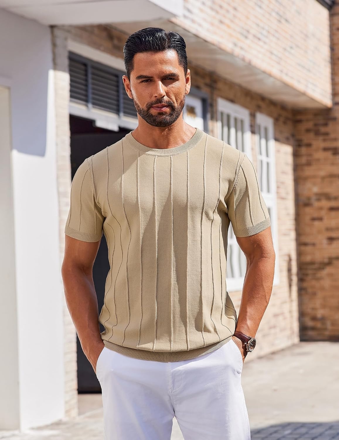 image:imageCOOFANDY Mens T Shirts Short Sleeve Knit Sweater Shirt Casual PulloverKhaki