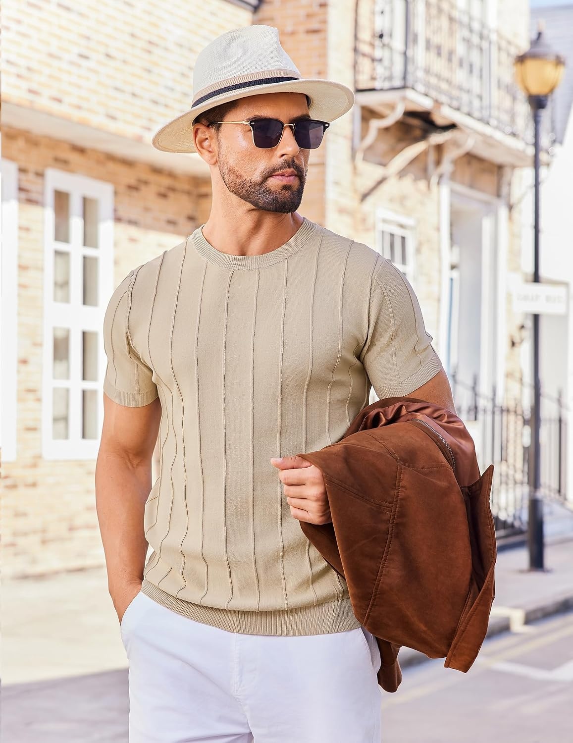 image:imageCOOFANDY Mens T Shirts Short Sleeve Knit Sweater Shirt Casual PulloverKhaki