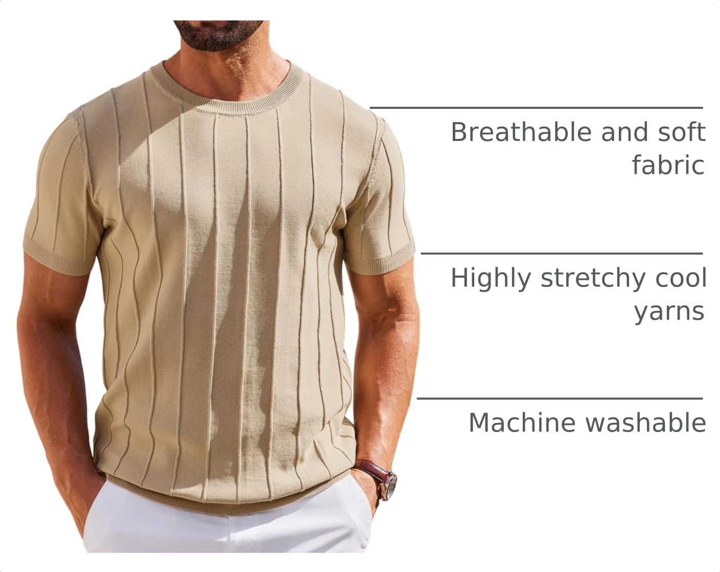 image:imageCOOFANDY Mens T Shirts Short Sleeve Knit Sweater Shirt Casual PulloverKhaki